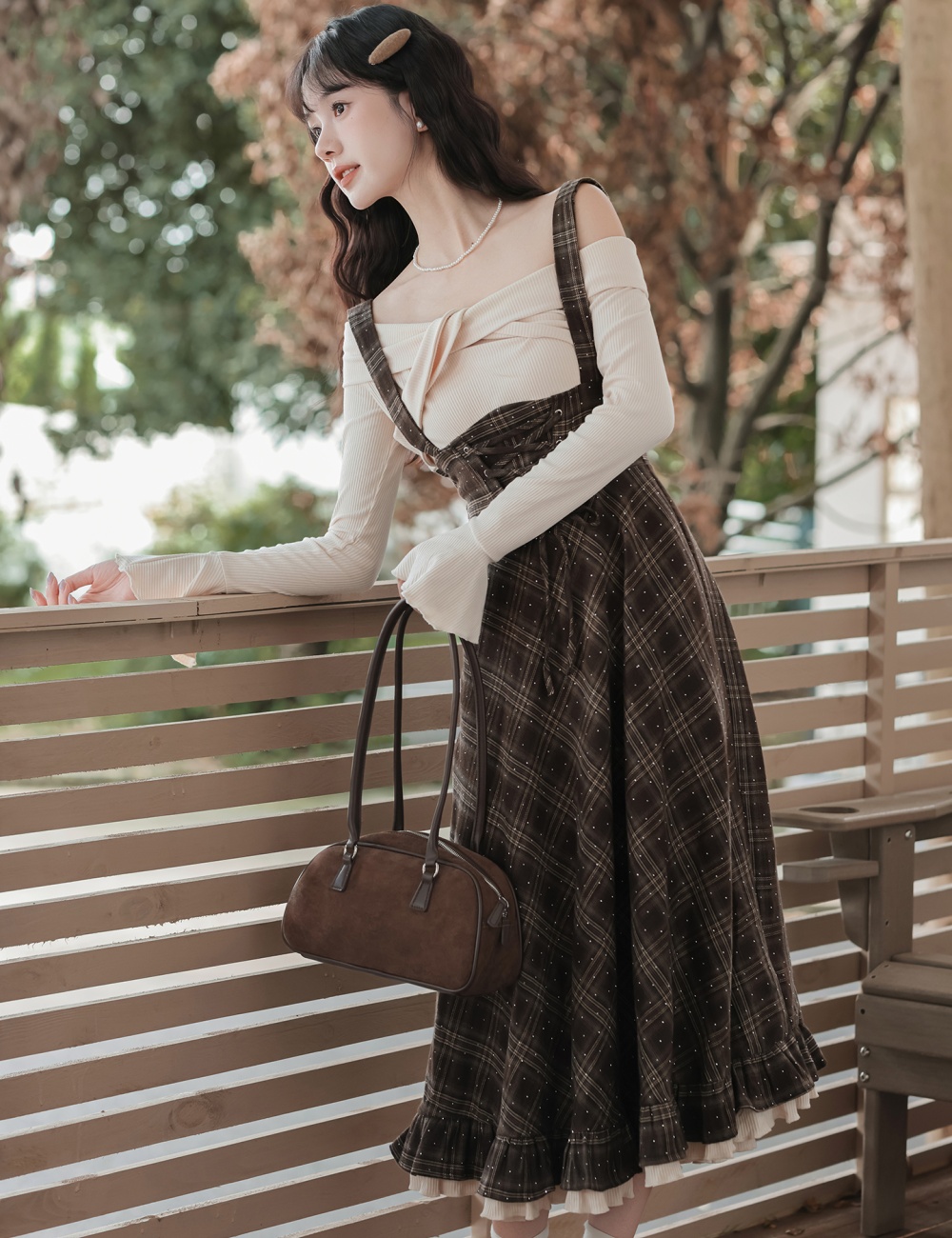 Plaid retro long dress art autumn dress for women