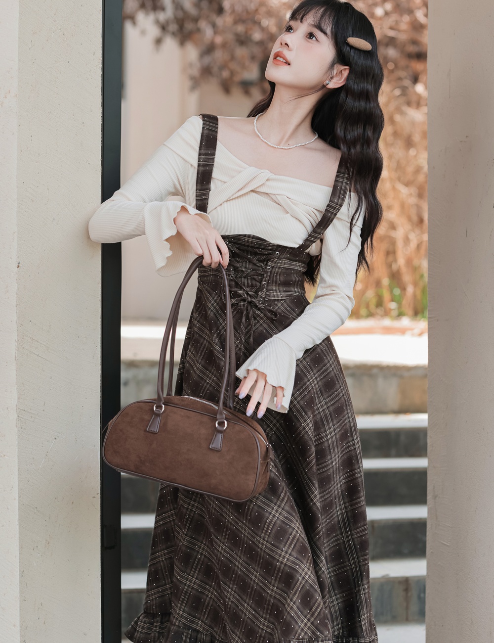 Plaid retro long dress art autumn dress for women