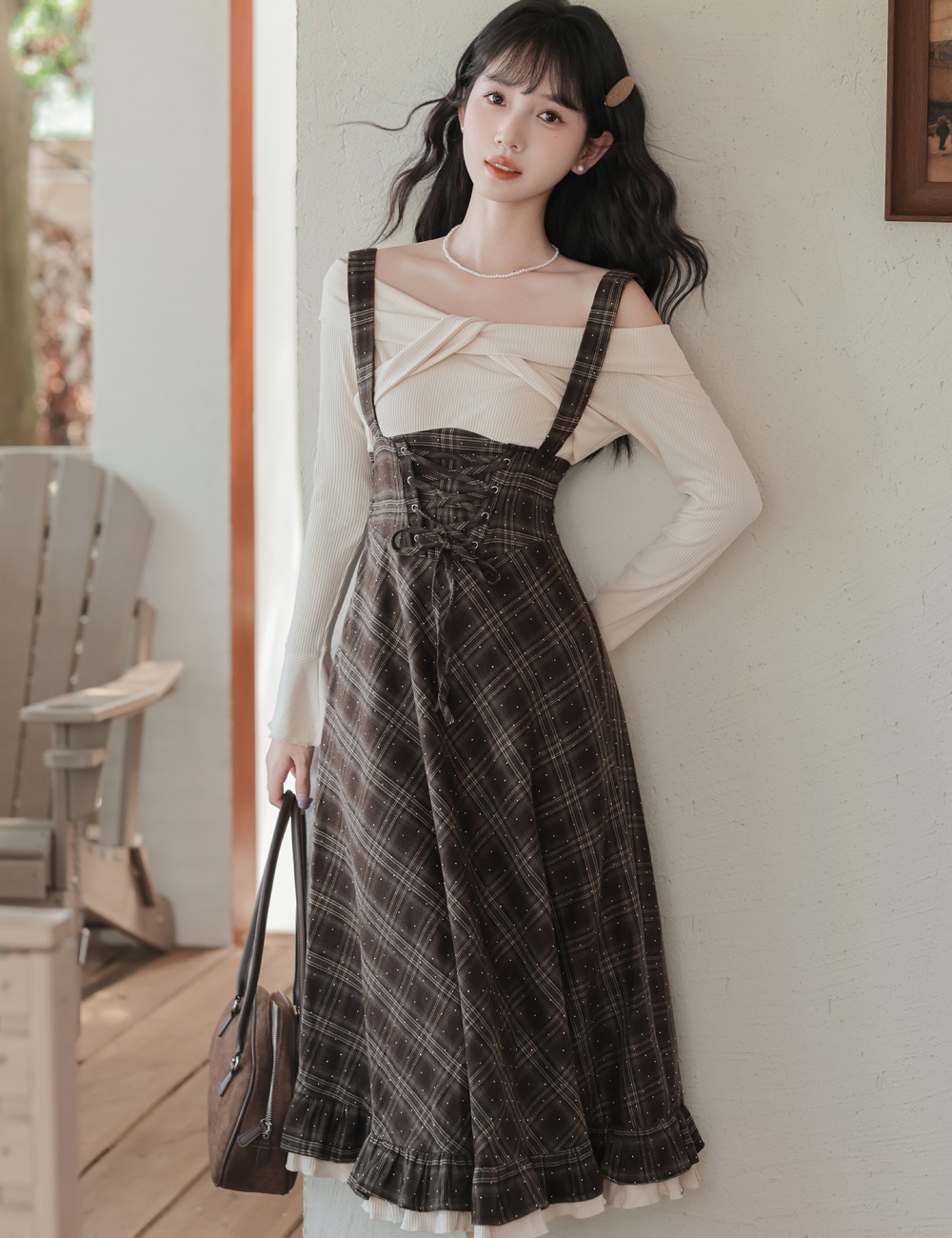 Plaid retro long dress art autumn dress for women