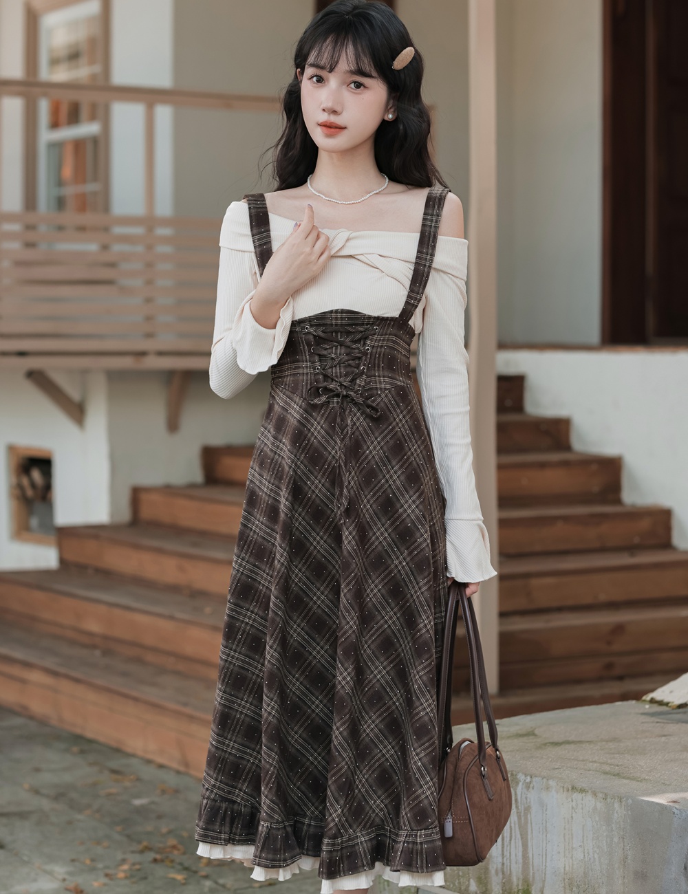 Plaid retro long dress art autumn dress for women