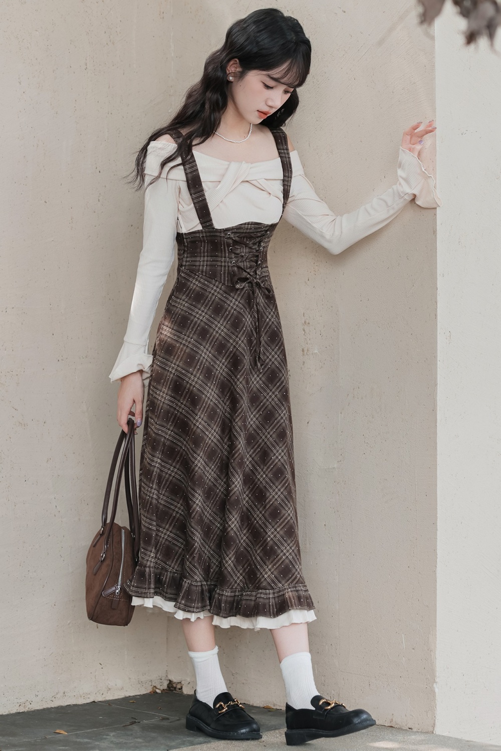 Plaid retro long dress art autumn dress for women