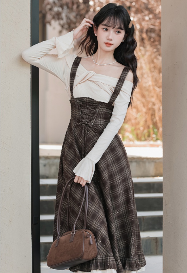 Plaid retro long dress art autumn dress for women
