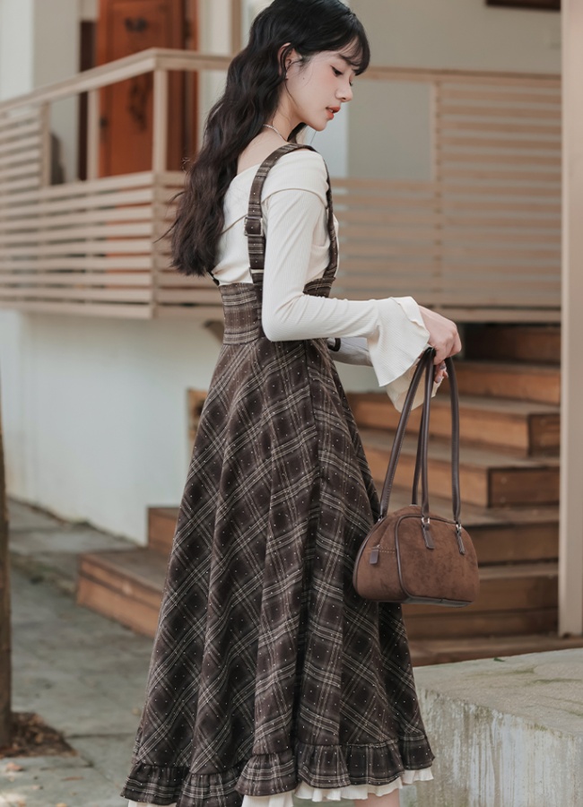 Plaid retro long dress art autumn dress for women