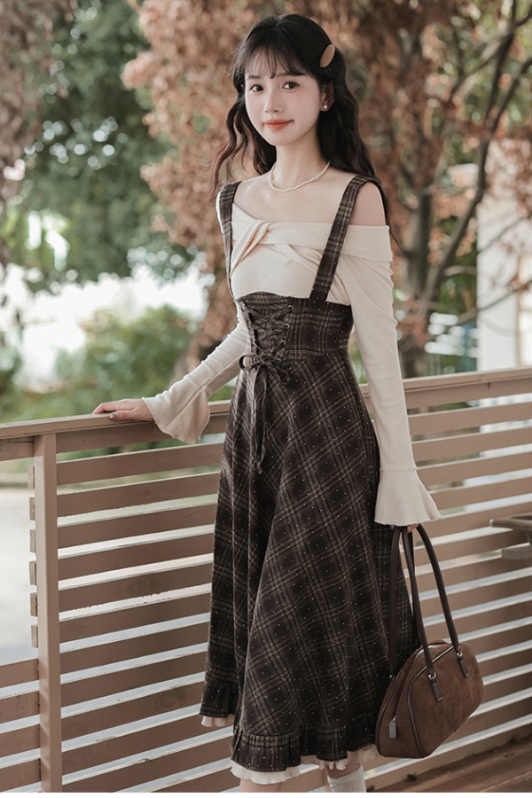 Plaid retro long dress art autumn dress for women