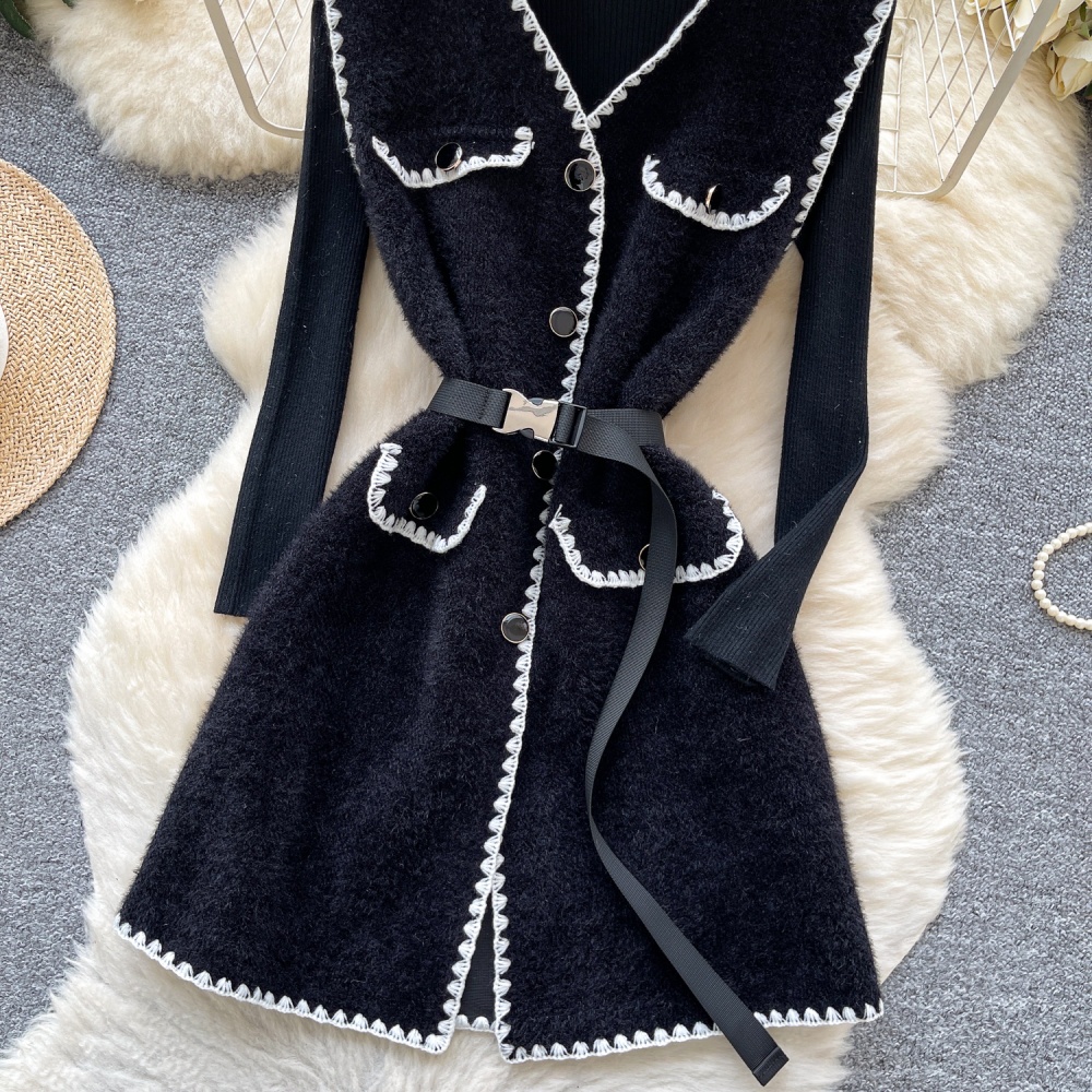 Sleeveless pinched waist sweater ladies retro dress
