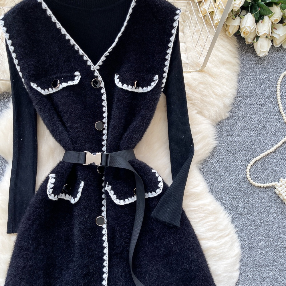 Sleeveless pinched waist sweater ladies retro dress