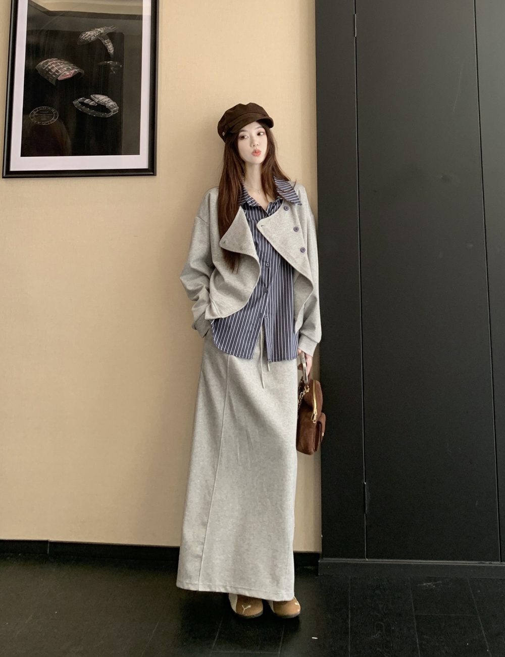 Autumn temperament tops slim large yard skirt 2pcs set