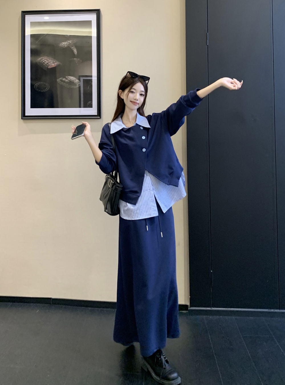 Autumn temperament tops slim large yard skirt 2pcs set