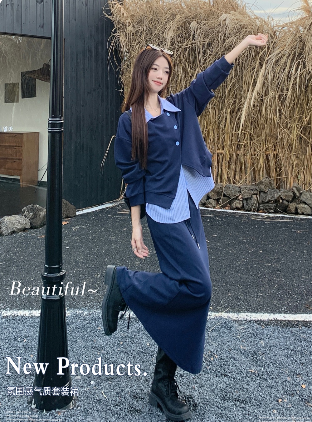 Autumn temperament tops slim large yard skirt 2pcs set