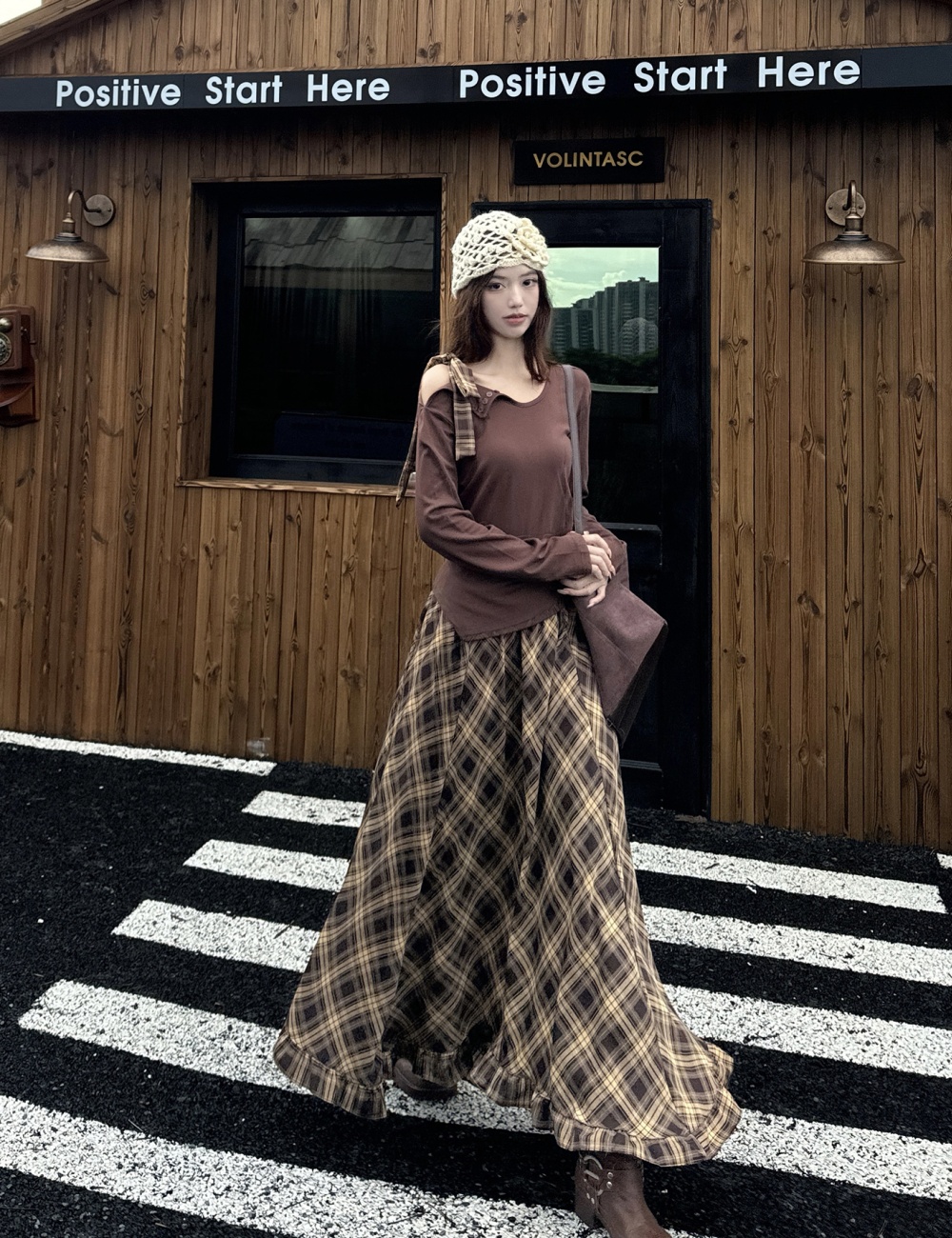 Retro Korean style plaid autumn skirt a set