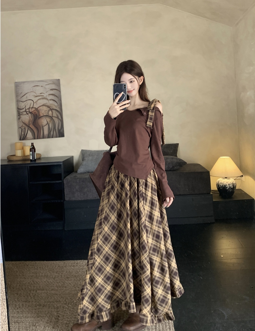 Retro Korean style plaid autumn skirt a set