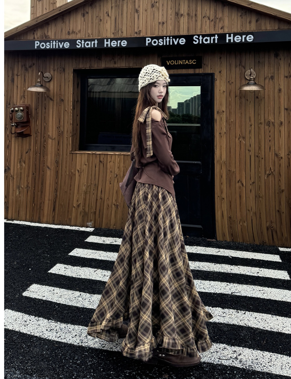 Retro Korean style plaid autumn skirt a set