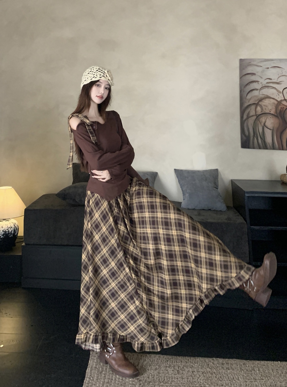 Retro Korean style plaid autumn skirt a set