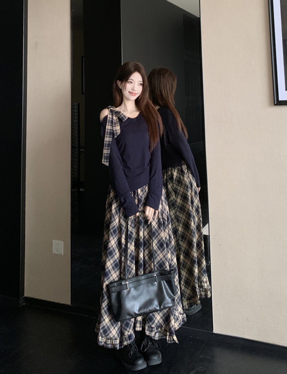 Retro Korean style plaid autumn skirt a set