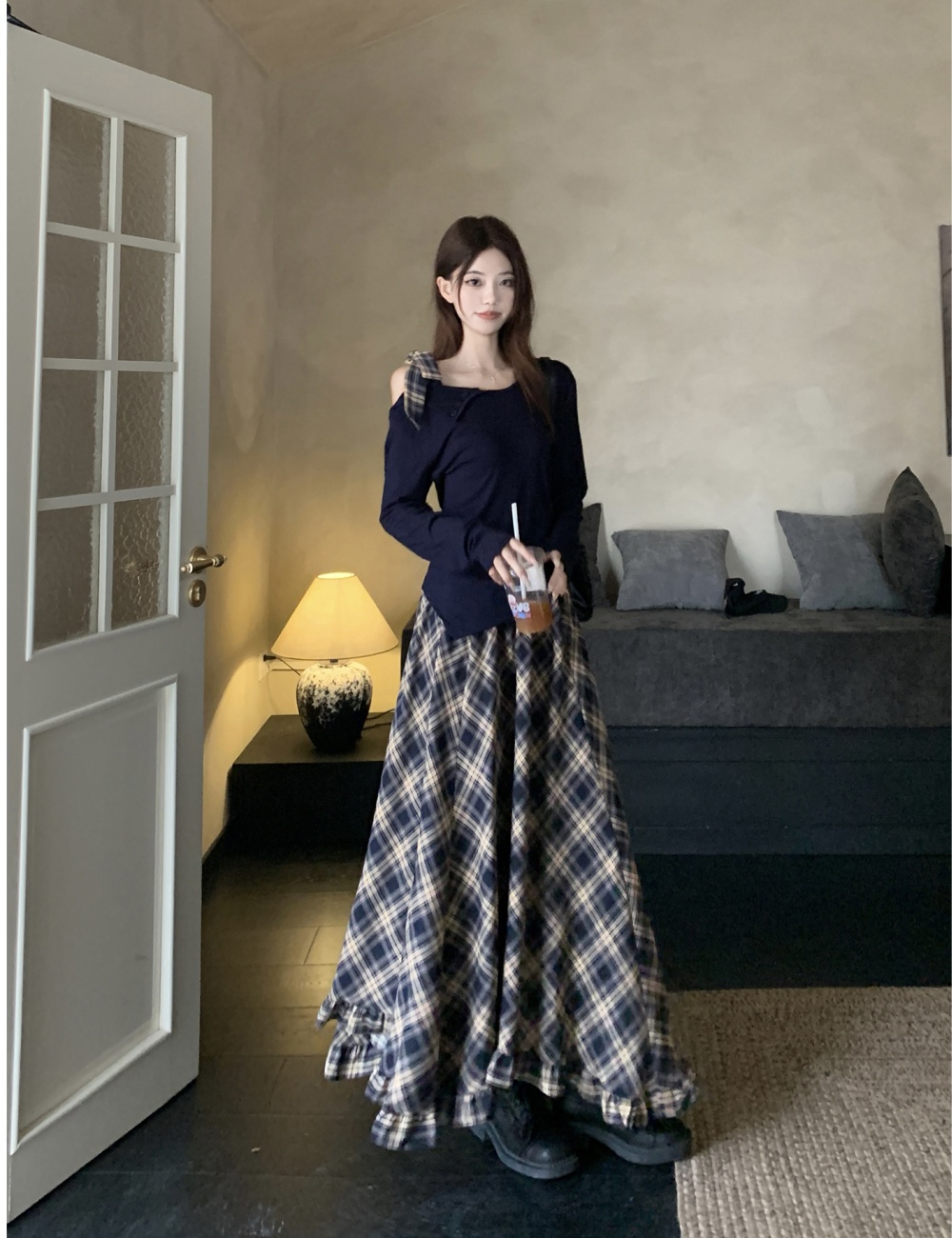 Retro Korean style plaid autumn skirt a set