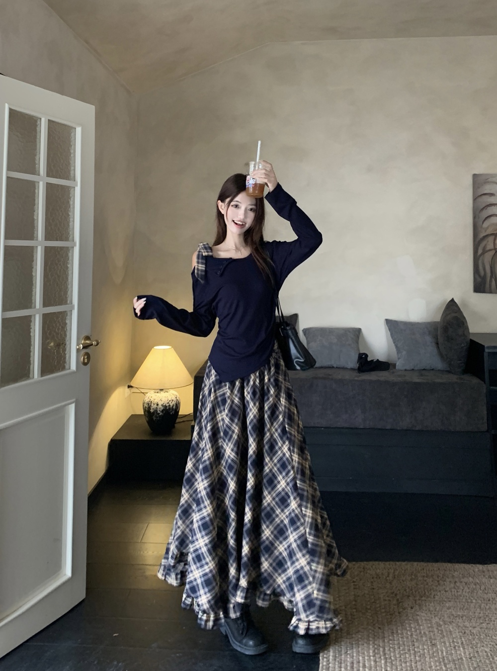 Retro Korean style plaid autumn skirt a set