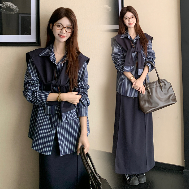 Autumn Korean style skirt stripe shirt 3pcs set