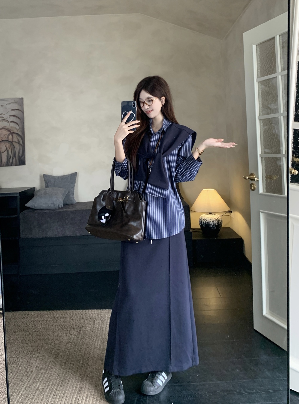 Autumn Korean style skirt stripe shirt 3pcs set