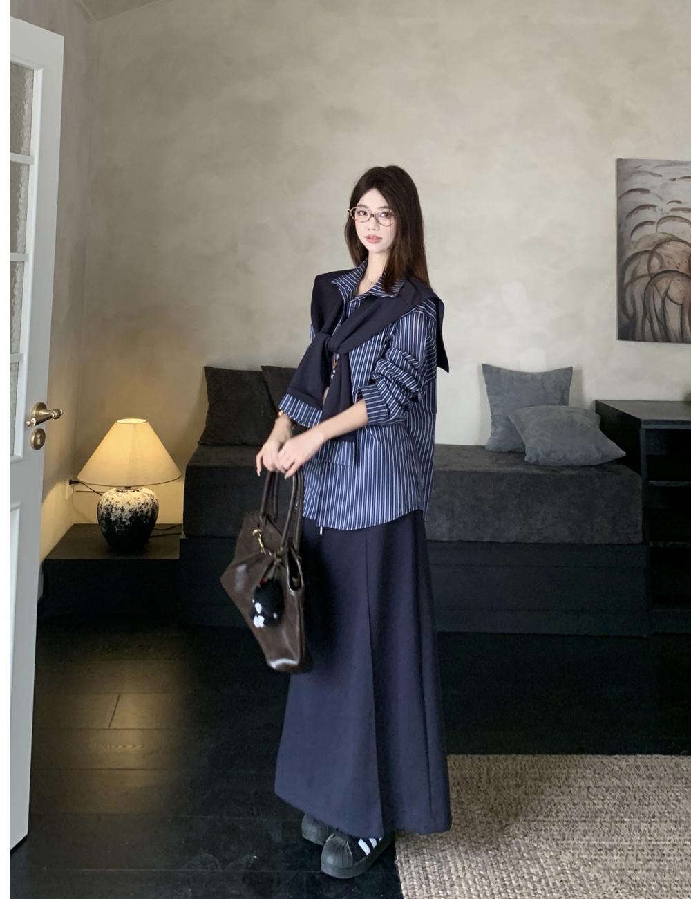 Autumn Korean style skirt stripe shirt 3pcs set