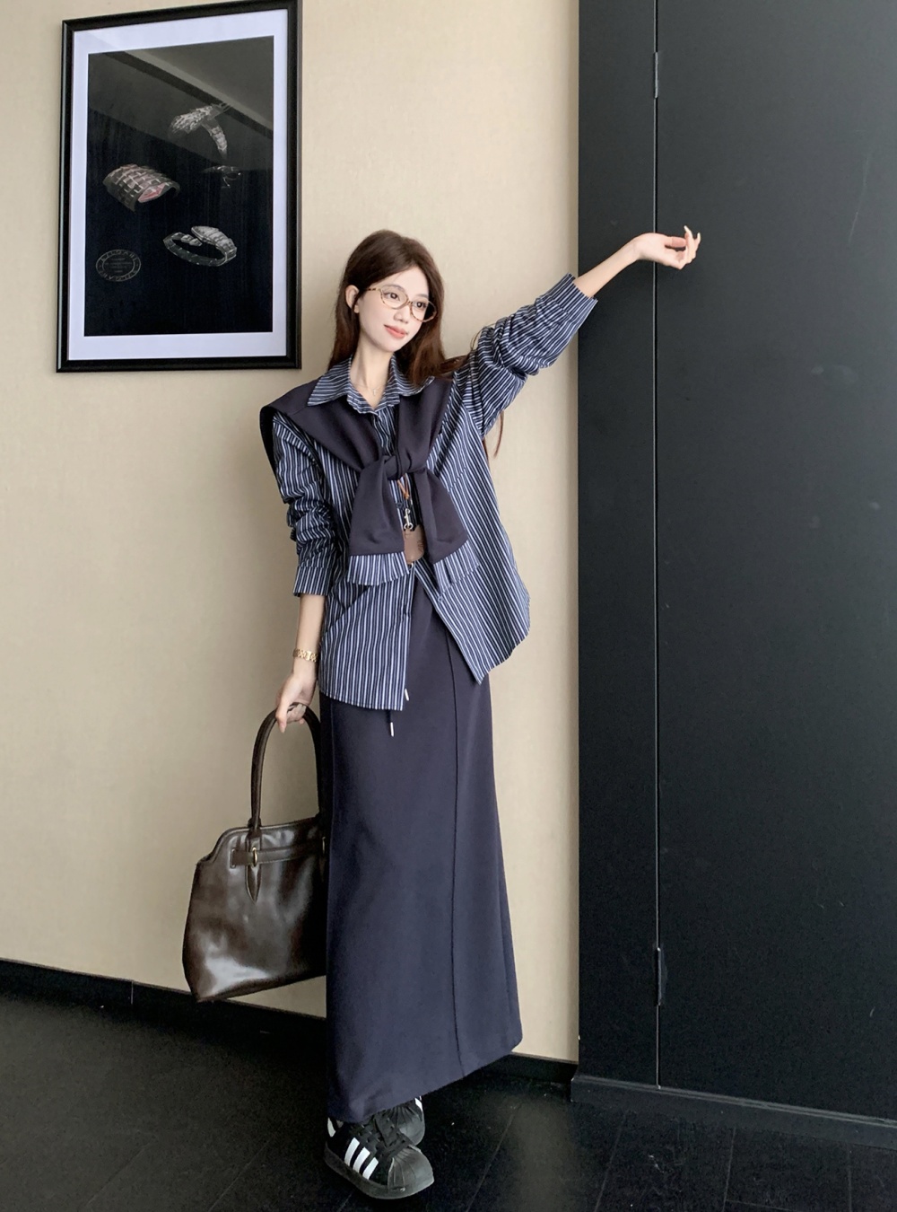 Autumn Korean style skirt stripe shirt 3pcs set