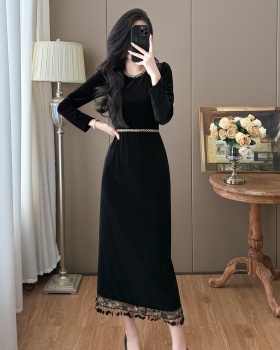 Splice velvet slim autumn and winter tassels dress