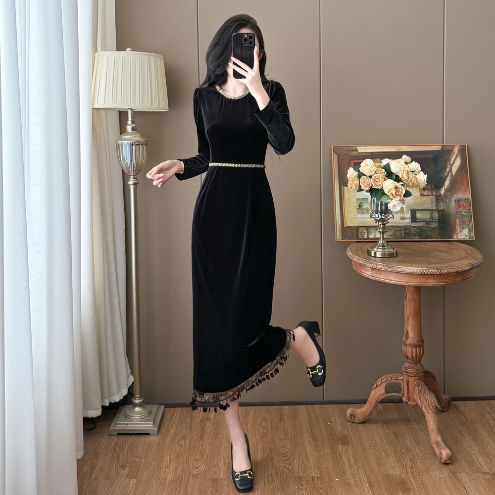 Splice velvet slim autumn and winter tassels dress