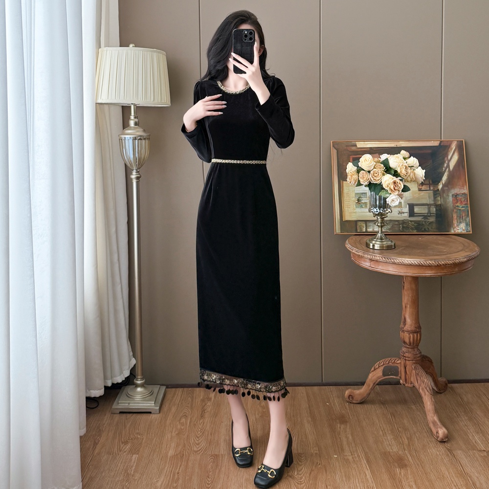 Splice velvet slim autumn and winter tassels dress