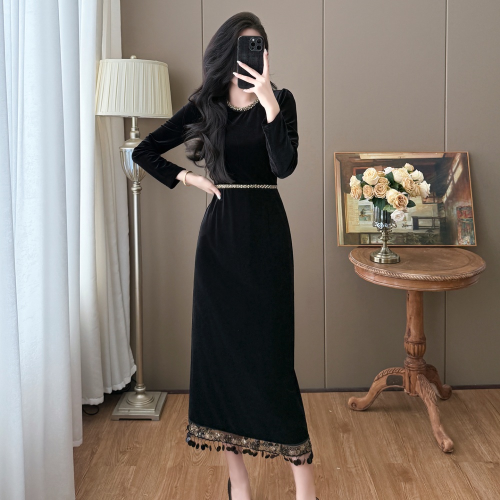 Splice velvet slim autumn and winter tassels dress
