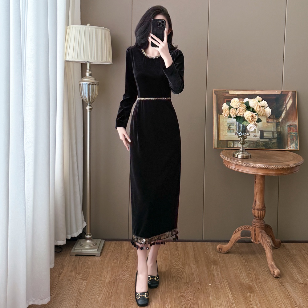 Splice velvet slim autumn and winter tassels dress