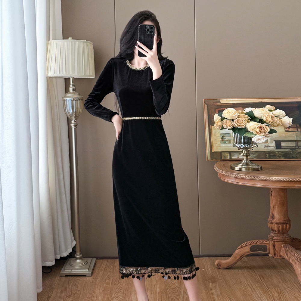 Splice velvet slim autumn and winter tassels dress