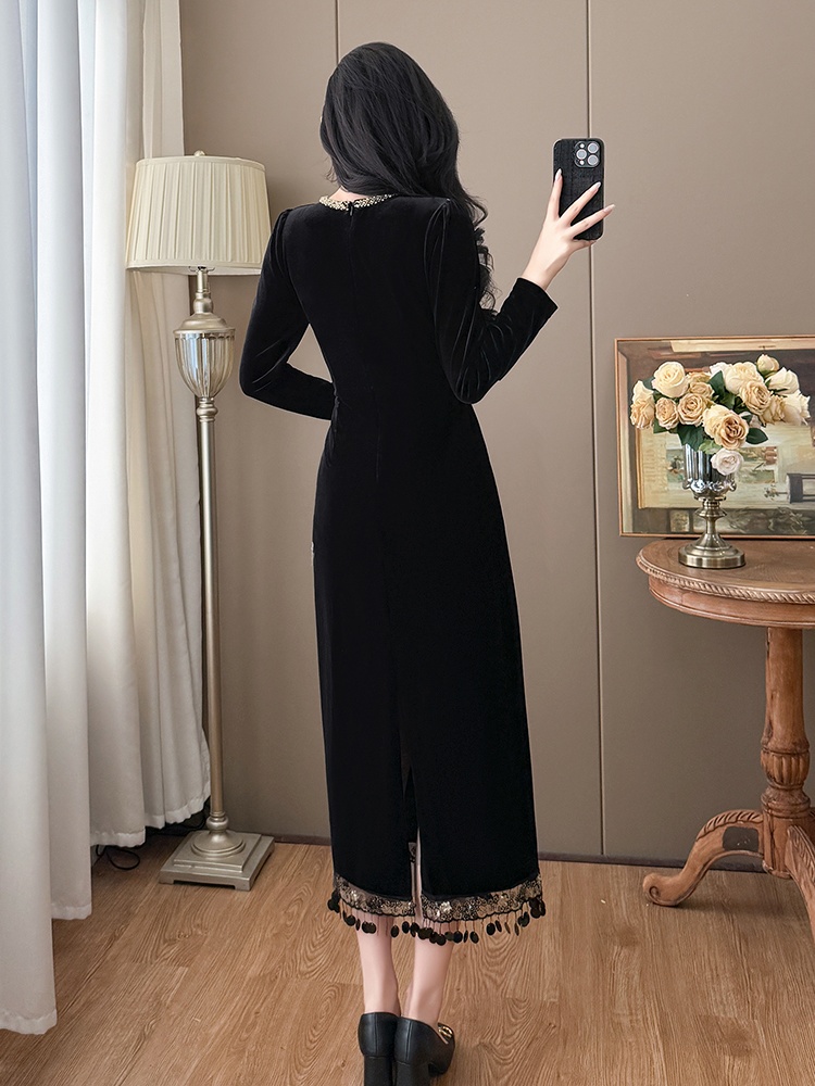Splice velvet slim autumn and winter tassels dress