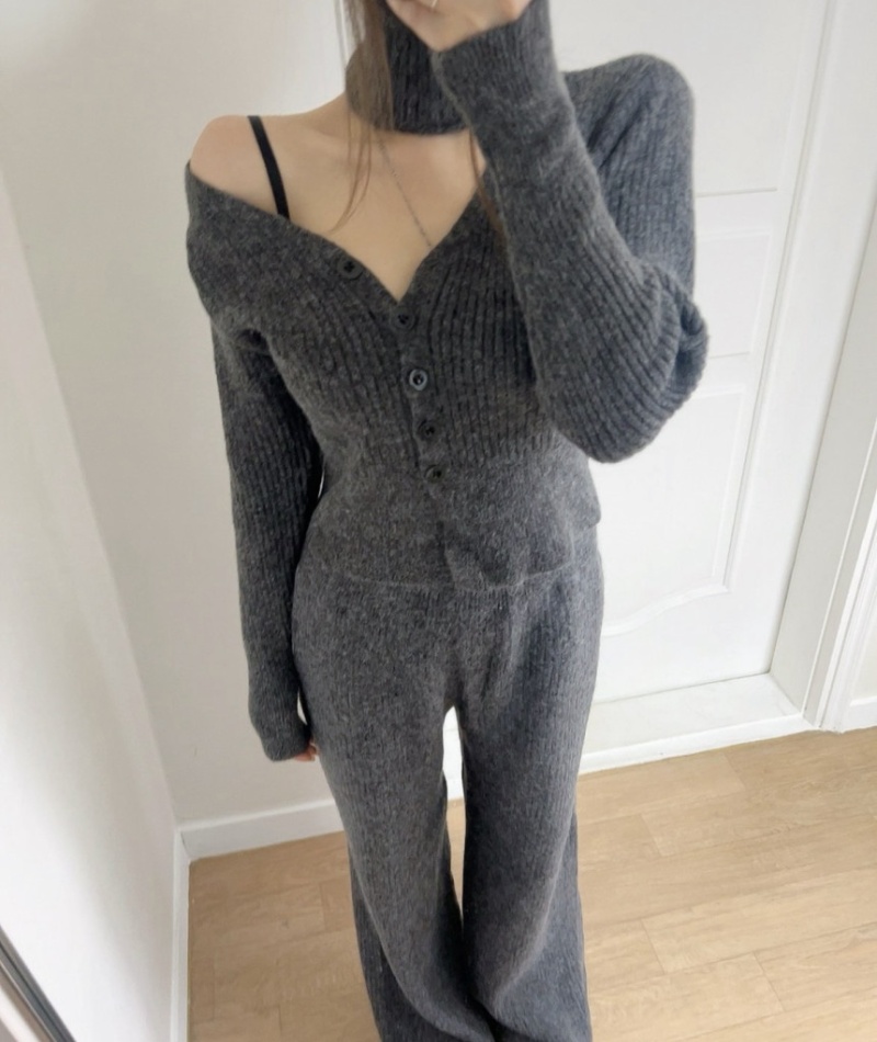 Knitted Korean style tops V-neck cardigan 3pcs set