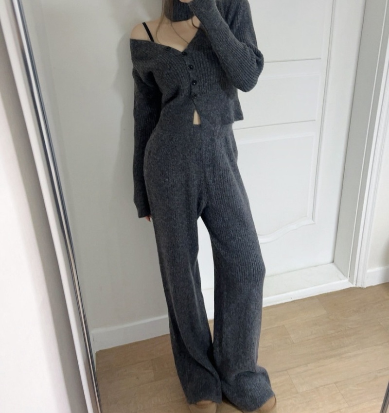 Knitted Korean style tops V-neck cardigan 3pcs set