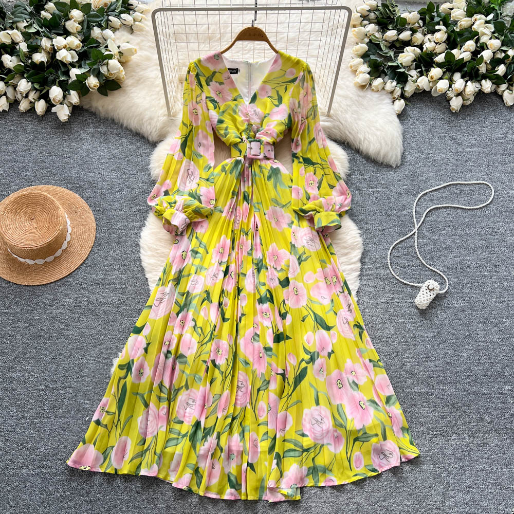 V-neck light long dress crimp summer dress for women