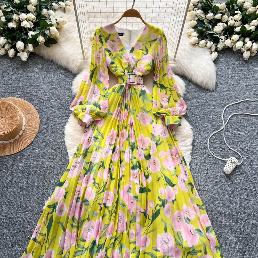 V-neck light long dress crimp summer dress for women