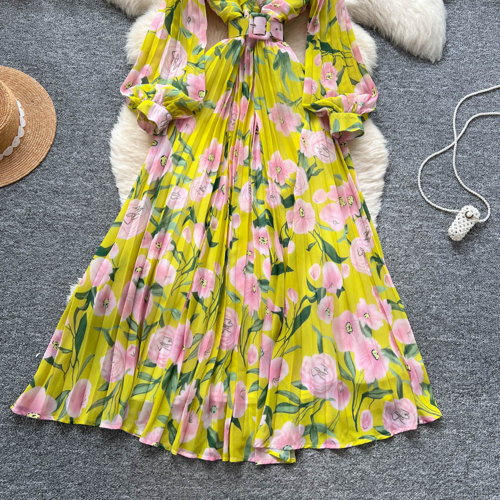V-neck light long dress crimp summer dress for women