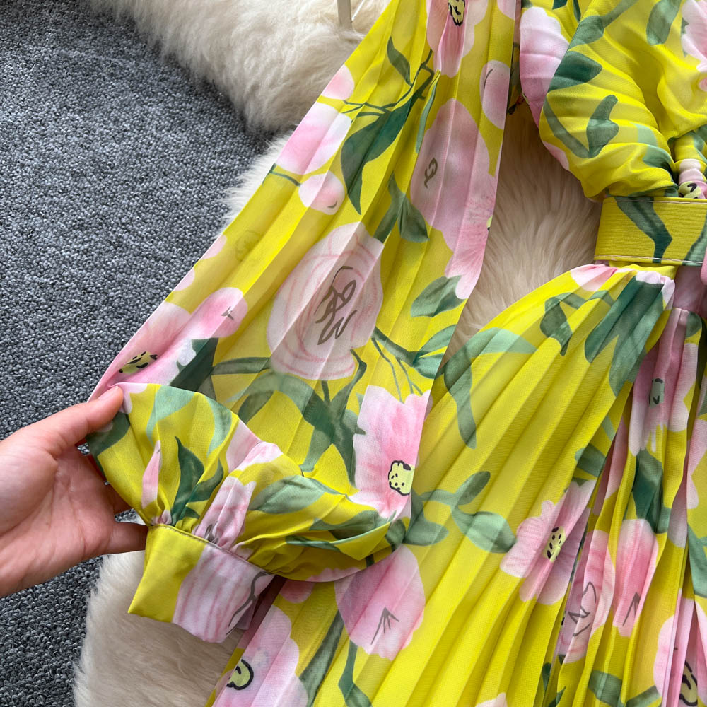 V-neck light long dress crimp summer dress for women