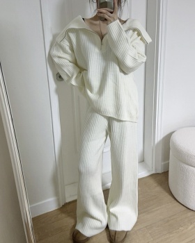 Lapel knitted sweater Casual wide leg pants 2pcs set