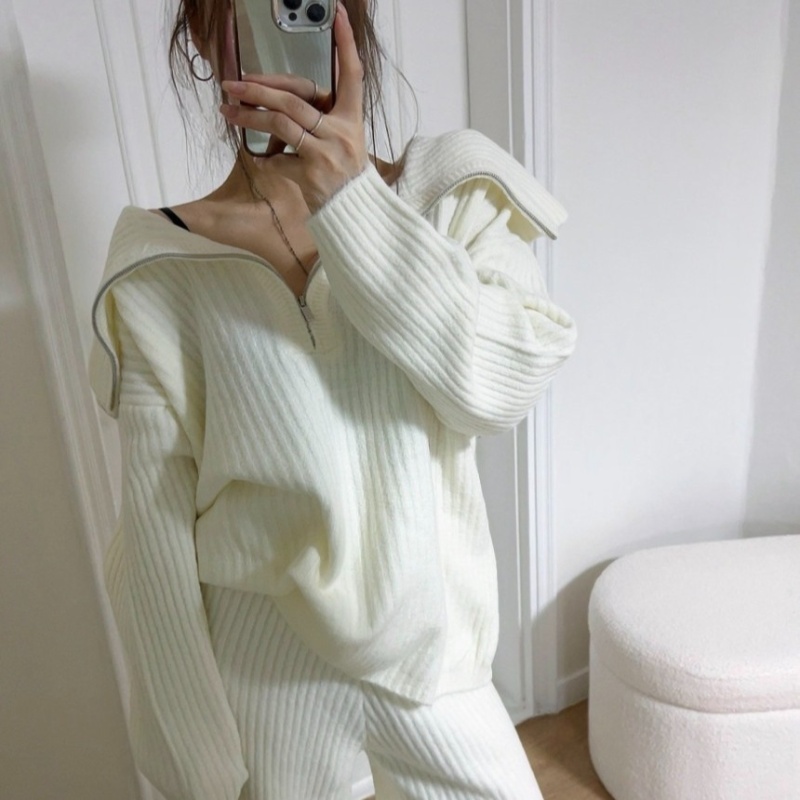 Lapel knitted sweater Casual wide leg pants 2pcs set
