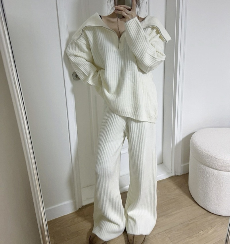 Lapel knitted sweater Casual wide leg pants 2pcs set