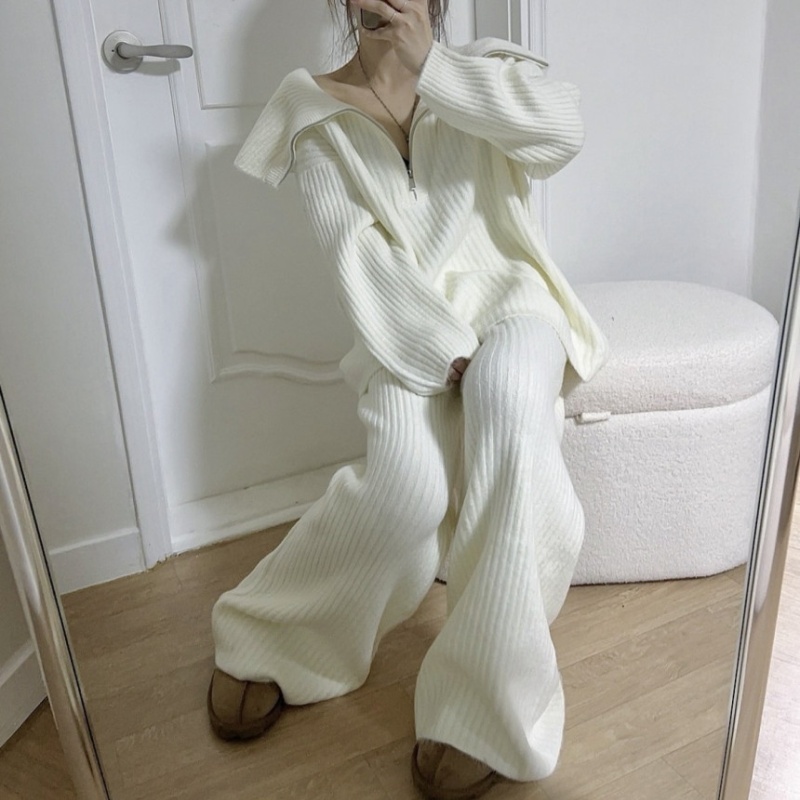 Lapel knitted sweater Casual wide leg pants 2pcs set