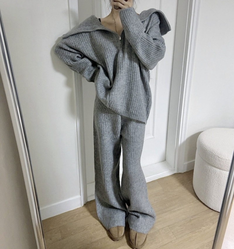Lapel knitted sweater Casual wide leg pants 2pcs set