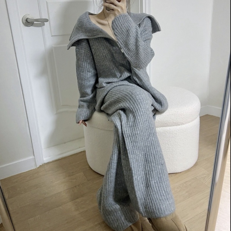 Lapel knitted sweater Casual wide leg pants 2pcs set