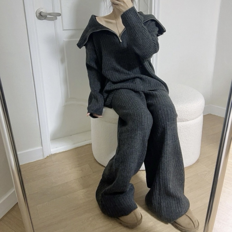 Lapel knitted sweater Casual wide leg pants 2pcs set