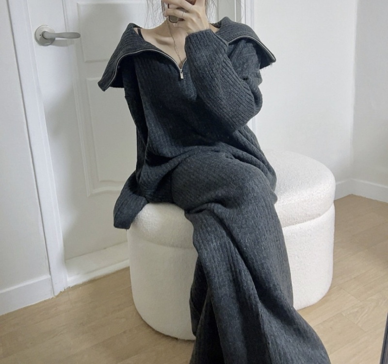 Lapel knitted sweater Casual wide leg pants 2pcs set
