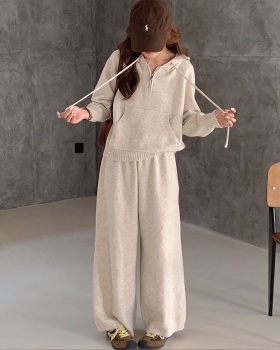 Knitted half zip long pants hooded Casual sweater 2pcs set