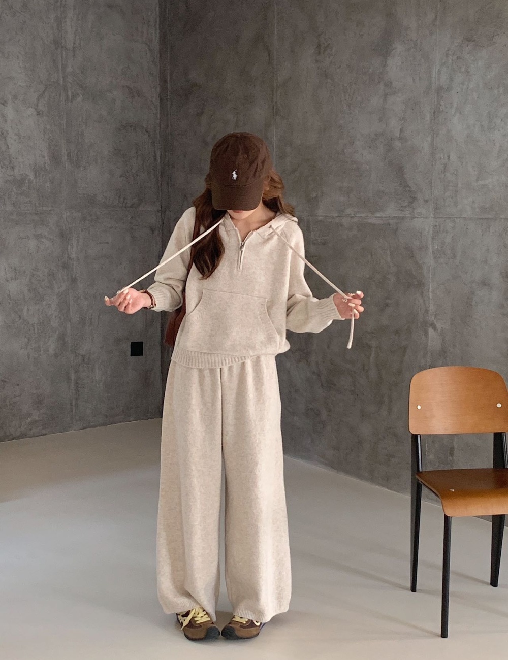 Knitted half zip long pants hooded Casual sweater 2pcs set