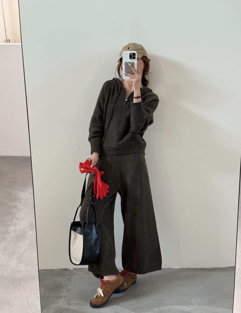 Knitted half zip long pants hooded Casual sweater 2pcs set