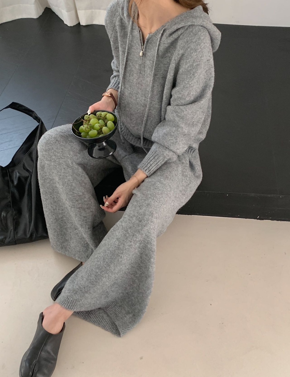 Knitted half zip long pants hooded Casual sweater 2pcs set