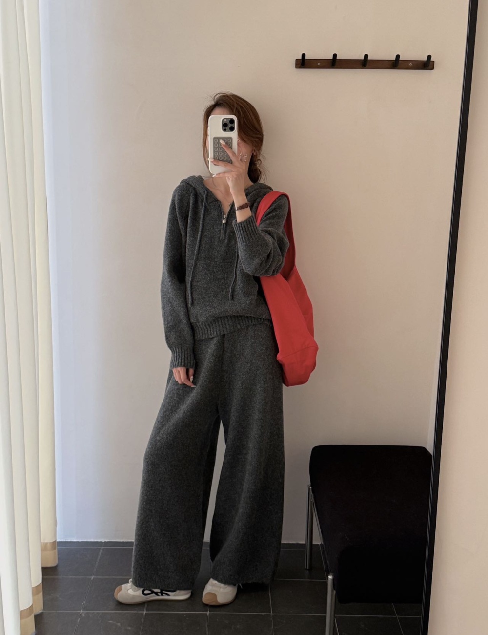 Knitted half zip long pants hooded Casual sweater 2pcs set